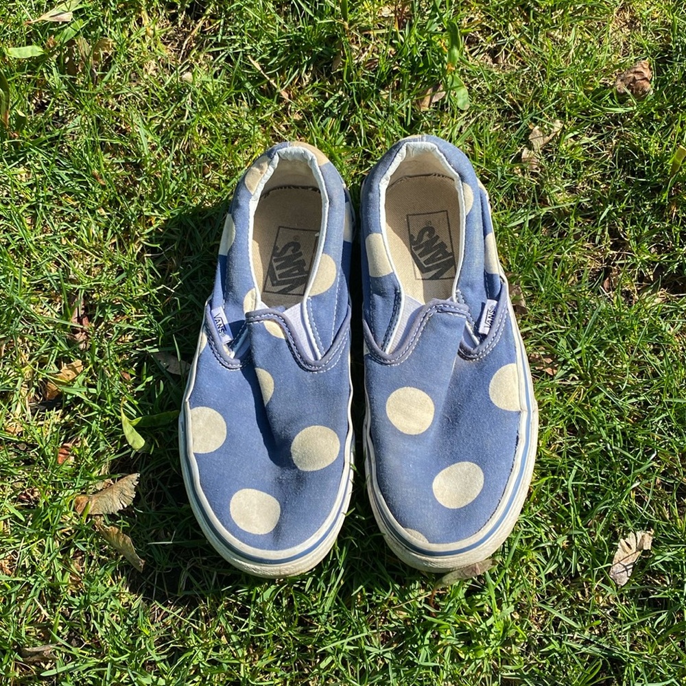 Blue and white polka dot Vans sneakers